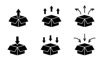 Box unpacking icon set. Take out or in from the box symbol. Open package illustration. Black box unpacking sign. vector