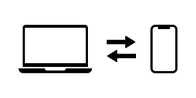 Device sync icon. Laptop and phone synchronization illustration. Computer and smartphone connection. Remote control system. Devices wireless transfer concept. vector