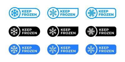 Frozen product label collection. Keep frozen badges for product package. Frozen food logo. Stickers with snowflake in different styles. Storage in refrigerator and freezer icon set. vector