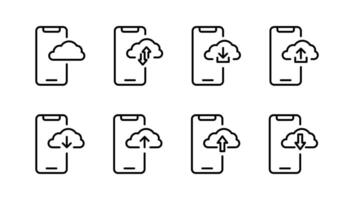 Phone with cloud sync icon set. Cloud download and upload symbols. Upload and download phone buttons. Data transfer icon set. Cloud service illustration. vector