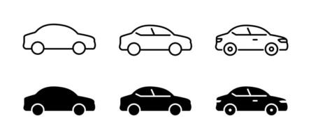 Car icon set. Simple and detailed auto symbol in different styles. Automobile illustration. Vehicle sign. Sedan silhouette. Black car graphic design concept. vector