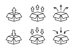 Box unpacking icon set. Take out or in from the box symbol. Open package illustration. Outline box unpacking sign. vector