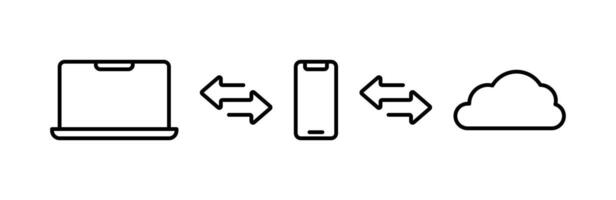 Device cloud sync illustration. Computer and phone cloud connection. Wireless network communication chain. Laptop and smartphone synchronization system outline icon. vector
