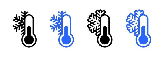 Low temperature thermometer icon. Cold snowflake thermometer symbol. Chilly weather illustration. Winter sign. Frozen label. Keep in cold pictogram. vector