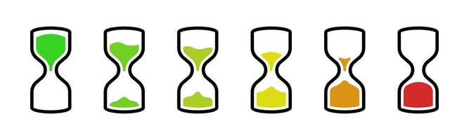 Hourglass timer colored icon set. Sandglass countdown flow symbol collection. Sand clock illustration colorful concept. Sand watches progress indicator graphic silhouette. vector