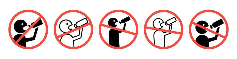 Don't drink icon set. No alcohol signs. Drunk men not allowed ban symbol. Do not swallow warning sign. No drinking zone stop icon. vector