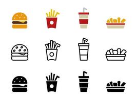 Fast food icon set. Burger symbol. French fries sign. Chicken nuggets illustration. Coke soda bottle. Snack icon set. Eatery logo. vector