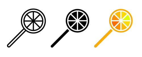 Lolipop icon. Sweet candy stick illustration. Circle segment citrus taste caramel symbol. vector