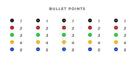 Bullet points icon set. Colored marker list illustration. Infographic elements collection. Circle step symbols. vector