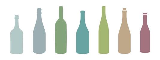 Wine bottle types illustrations set. Alcohol glasses abstract silhouette collection. Glass bottle types. Different colored flat filled icon set. vector