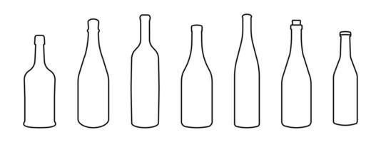 Wine bottle types illustrations set. Alcohol glasses abstract silhouette collection. Glass bottle types. Minimal color flat line outline stroke icon set. vector