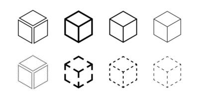 Isometric abstract cube icon set. Geometric block, box or brick logo. Dotted, dashed, outline, solid illustrations. Wireframe 3d sign. Square three-dimensional frame. vector