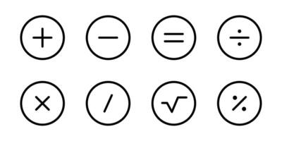Calculator buttons icon set. Plus, minus and equals symbols. Multiply and divide illustrations. Estimate and calculate mathematic icon set. vector