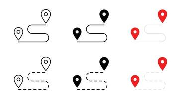 Map route icon. Roadmap symbol. Navigation pointer signs. Destination, journey, travel, path, location pin. Distance, geo, highway marker. Itinerary illustration. Red colored style. vector
