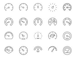 Speedometer icon set. Speed indicator sign. Performance control panel symbol. Gauge or dashboard level illustration. vector