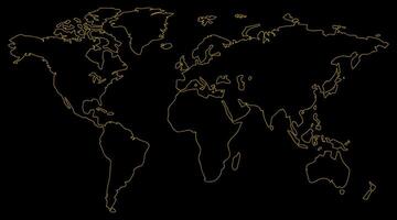 Outline yellow world map illustration on black background. Contour global Earth map. Line cartography background. Atlas silhouette wallpaper. vector
