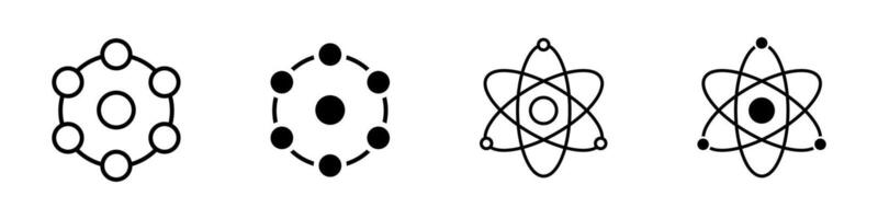 Atom icon set. Molecular particles sign. Nuclear orbit model symbol. Scientific microscopic chemistry element. Proton, neutron and electron icon set. Physics nucleus illustration. vector