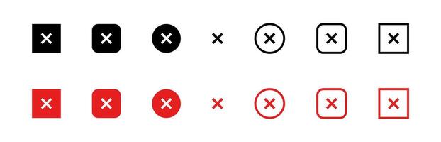 Cross mark icon set. Checkbox black pictogram. Wrong symbol. X-mark web illustration. Cancel, deny or reject red buttons. vector