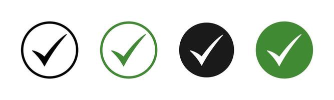 Checkmark icon set. Green ok, accept or yes buttons. Checked icon or correct choice sign. Check mark or checkbox pictogram. Tick illustration. vector