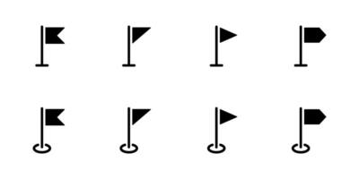 Flag marker black icon set. Start and finish simple signs. Pennant, pole, pointer, location and event symbol. Navigation, direction and destination illustration. vector