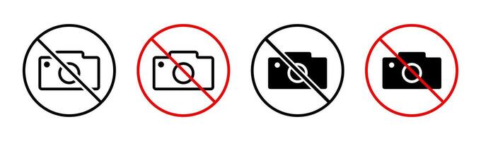 No photo and icon set. Forbidden area printable ban sign. Stop photograph or camera warning symbol. Prohibited recording and selfie illustration. vector
