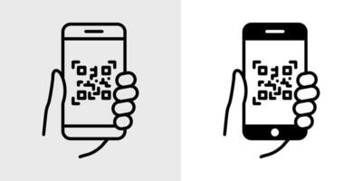 QR code icon. Mobile phone scanning qr-code illustration. Hand holding a phone with scanner symbol. vector