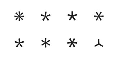 Asterisk icon set. Multiply, apostrophe or punctuation symbol. Password input security mark. Advertisement footnote logo. Code cross web star. vector
