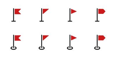 Flag marker red icon set. Start and finish simple signs. Pennant, pole, pointer, location and event symbol. Navigation, direction and destination illustration. vector