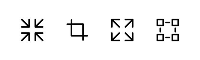 Expand size icon. Enlarge symbol. Trim view illustration. Crop image icon set. Scale pictogram. Full screen sign. vector