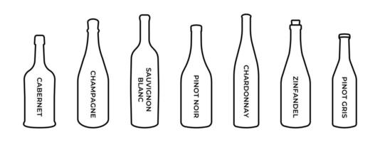 Wine bar menu illustration. Red wine types collection. Alcohol bottles icon set. Champagne bottle sign. Sauvignon, chardonnay, cabernet and zinfandel outline design. vector
