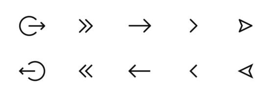 Arrow buttons icon set. Simple line arrow symbols in thin line, outline and stroke style. Left, right and next web signs. Direction element. Simple arrows for web or app interface vector