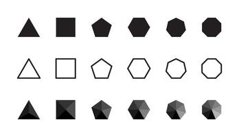 Abstract geometric shapes icon set. Basic polygon illustrations. Triangle, square, pentagon, hexagon and octagon three-dimensional graphic symbols. Black 3d elements. vector