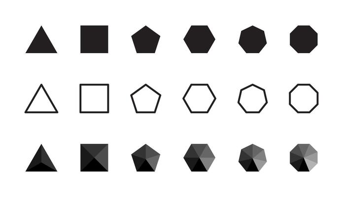Abstract geometric shapes icon set. Basic polygon illustrations. Triangle, square, pentagon, hexagon and octagon three-dimensional graphic symbols. Black 3d elements.