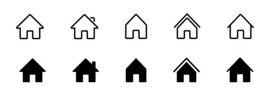 Web home icon set for websites and apps. Simple house symbol. Flat real estate sign. Main page pictogram in filled, thin line, outline and stroke style. vector