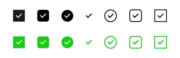 Check mark icon set. Checkbox green tick. Ok signs. Correct symbols. Checkmark web illustration. Approve, select or accept black buttons. vector