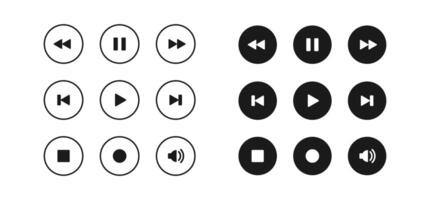 Play and pause icon set. Media player buttons. Audio or multimedia symbols. Digital control signs. Outline rounded black sound and volume panel. vector