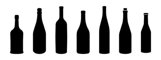 Wine bottle types illustrations set. Alcohol glasses abstract silhouette collection. Glass bottle types. Minimal color flat filled black icon set. vector