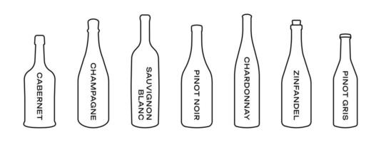 Wine bar menu illustration. Wine types collection. Alcohol bottles icon set. Champagne bottle symbol. Sauvignon, chardonnay, cabernet and zinfandel outline design. vector