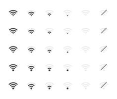 Wi-Fi network connection level icon set. Wireless internet communication signs for mobile device interface. Web router cyberspace illustration. No signal status. vector