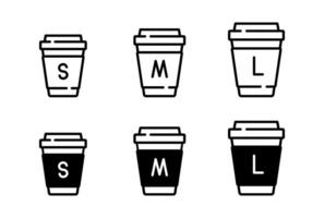 Hot drink cup size icon set. S, M, L size coffee. Take away illustration. Cafes menu signs. Cup symbol for your web site design, logo, app, UI, bar menu, business and advertising. vector