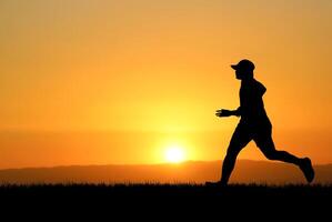 Silhouette of a Man Running at Sunset with Vibrant Orange Sky and Sun on the Horizon, Capturing the Essence of Fitness, Freedom, and Nature in a Serene Outdoor Setting photo