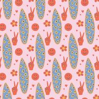 Retro style surfboard seamless pattern. Vintage cool vibes background. 70s aesthetic print with SUP board, victory symbol, smile. Hand drawn flat style illustration. vector