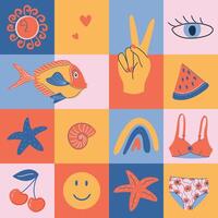 Groovy beach seamless pattern. Retro style Summer background. Cute geometric print with Summer vacation symbols. Hand drawn flat style illustration. vector