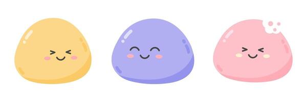 Funny kawaii sweet mochi set with smiling face vector