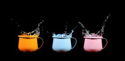 Vibrant Splashing Water in Colorful Mugs on Black Background - Dynamic and Energetic Still Life Photography photo