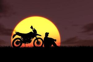 Silhouette of a Person and Motorcycle Against a Vibrant Sunset Sky, Capturing the Essence of Adventure and Freedom in a Serene Natural Landscape photo