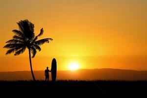 Silhouette of a Surfer Holding a Surfboard Next to a Palm Tree at Sunset on a Tropical Beach with Golden Sky and Distant Mountains photo