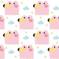 Seamless pattern of cute flamingo in curve shape with clouds and star background.Face.Head.Cartoon bird animal character design.Image for card,poster,baby clothing.Kawaii. vector