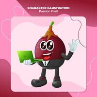 Cute passion fruit character typing on a computer vector
