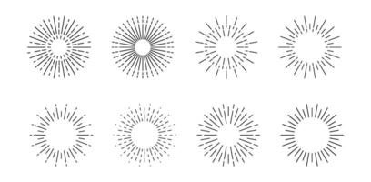 Sunburst template set. Bursting sun rays. Fireworks. Vintage design element. Radial sunset beams isolated. vector